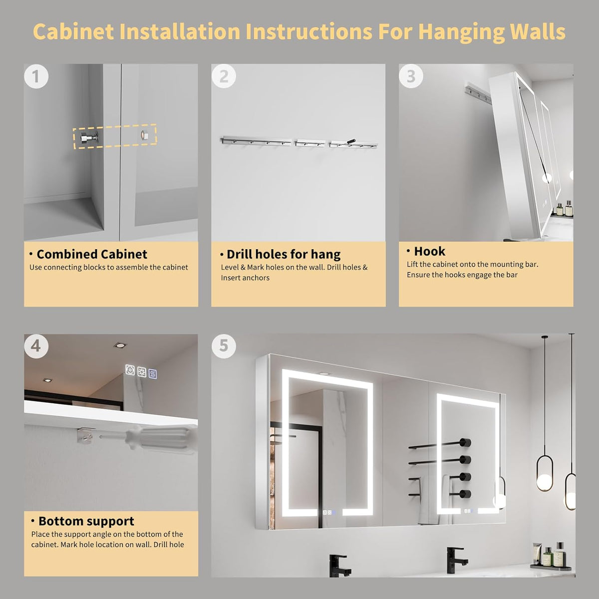 LED Lighted Bathroom Medicine Cabinet with Mirror, 60 x 30 Inch, with Extra Closed Storage Cabinet A981273