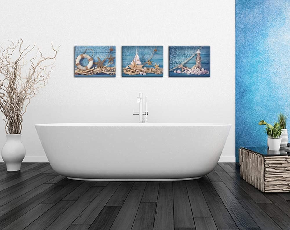 3 Piece Beach Canvas Wall Art Seashell Startfish with Blue Board Picture Prints Maritime Sailing Boat Lighthouse Poster Painting E9744