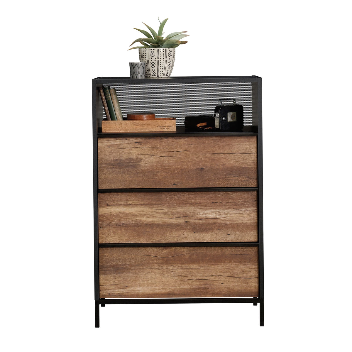 Black 3 Drawer Dresser with Open Shelf W59661