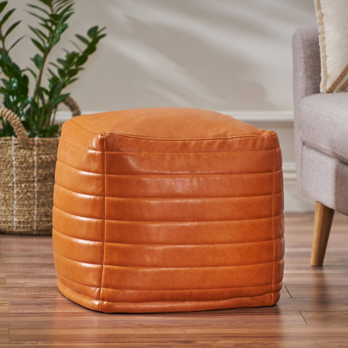 Caramel Faux Leather Cube Pouf U3603