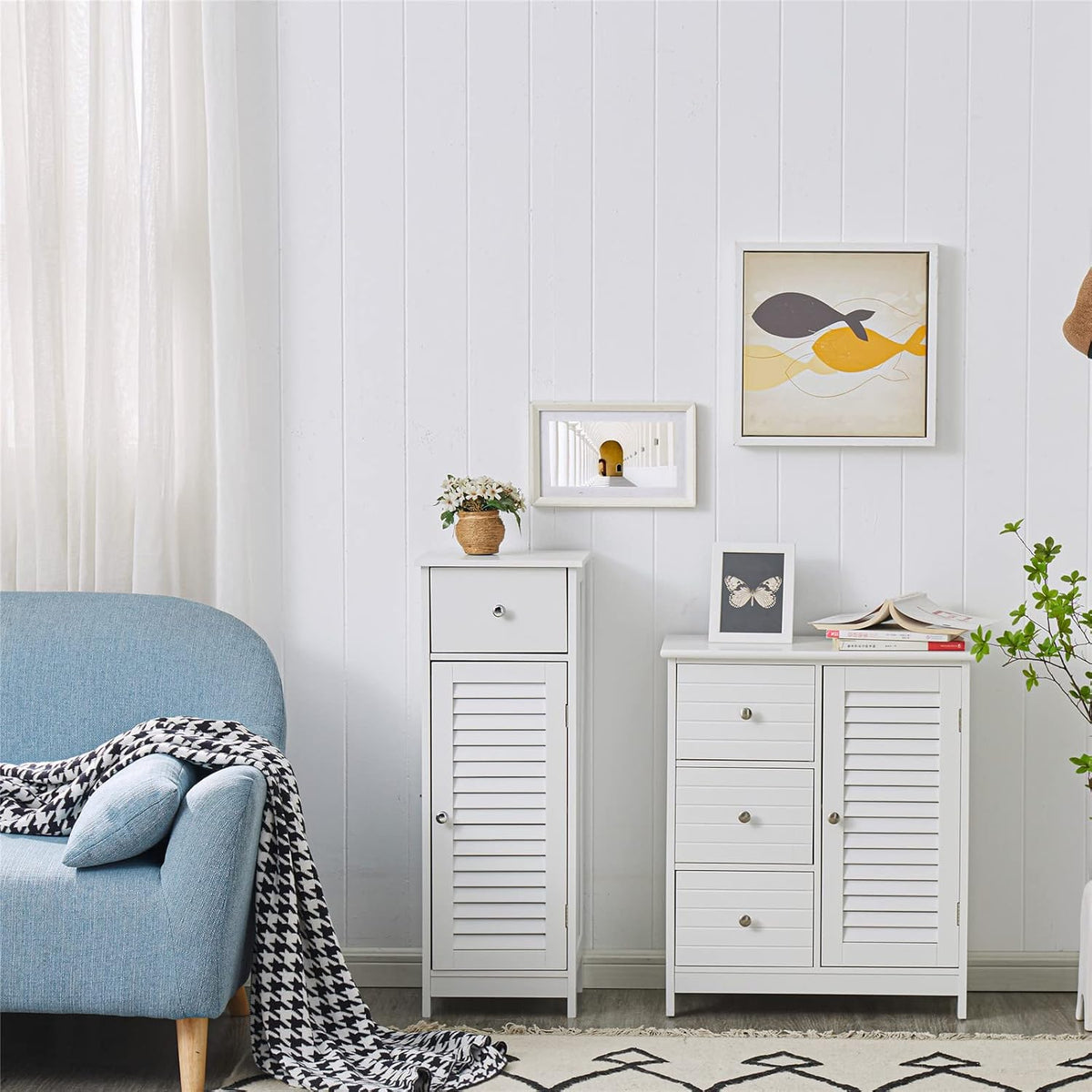 White Bathroom Storage Cabinet with 3 Drawers and 1 Two Layers Cabinet X2694
