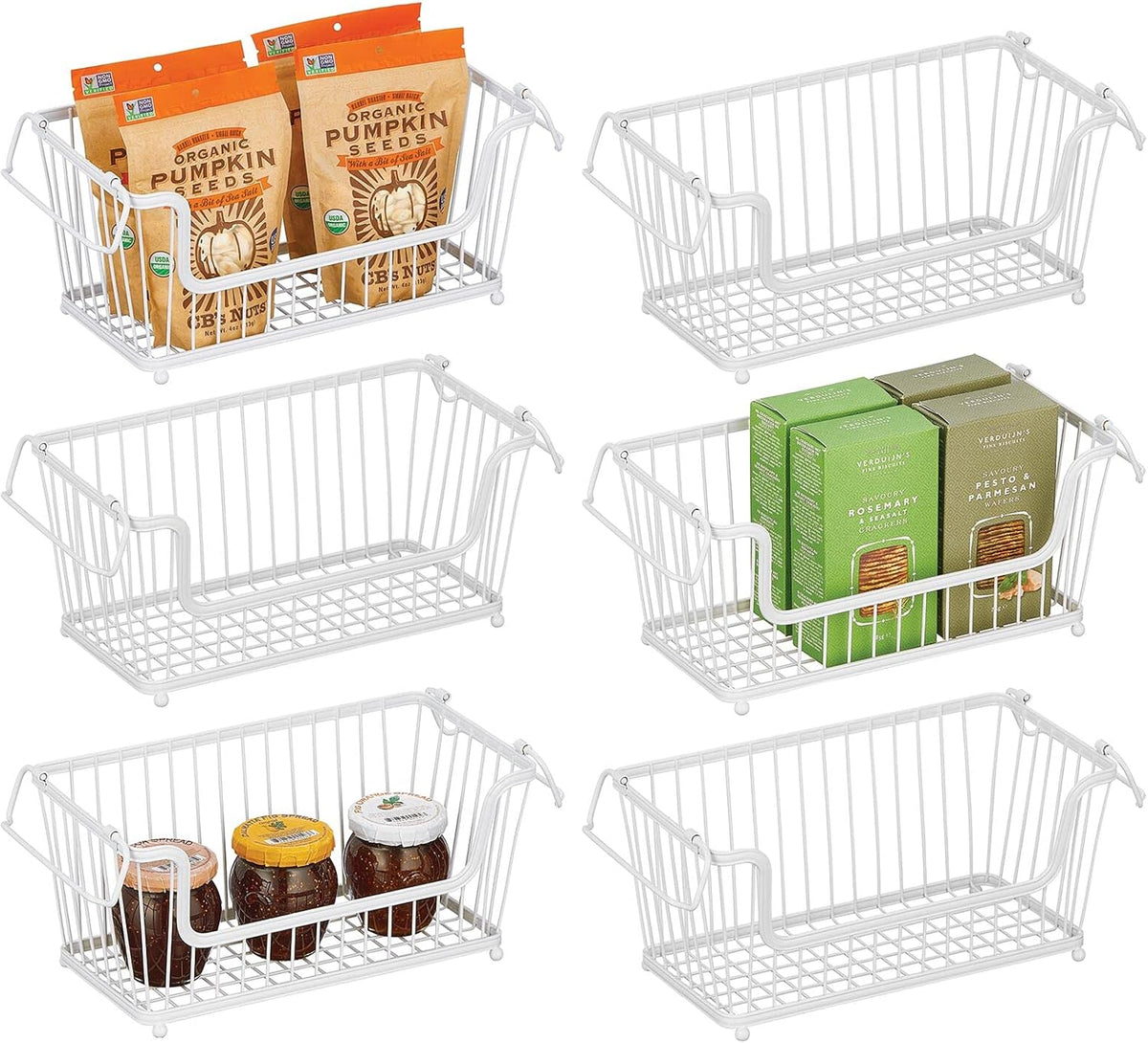 White 6 Pack Stackable Metal Wire Storage Basket with Handles L275218