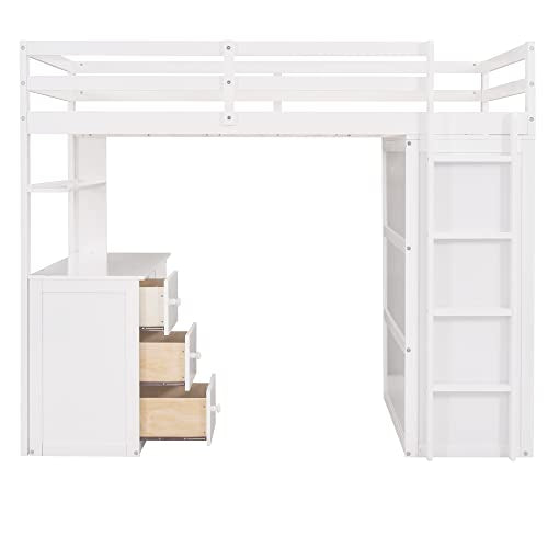 Full Loft Bed with Desk, Wood, Storage Drawers, Wardrobe and Shelf, Espresso U81398