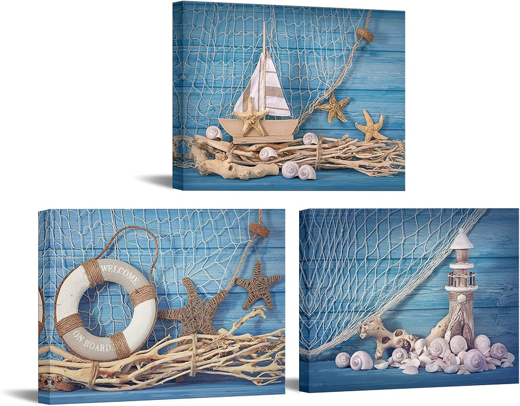 3 Piece Beach Canvas Wall Art Seashell Startfish with Blue Board Picture Prints Maritime Sailing Boat Lighthouse Poster Painting E9744