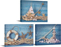 3 Piece Beach Canvas Wall Art Seashell Startfish with Blue Board Picture Prints Maritime Sailing Boat Lighthouse Poster Painting E9744