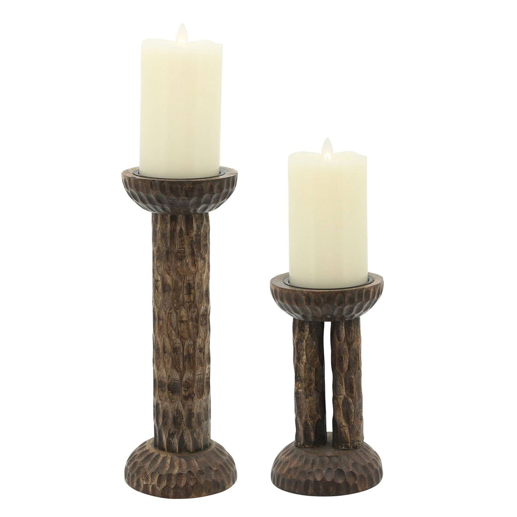 Brown Hammered Mango Wood Pillar Candle Holder P5108