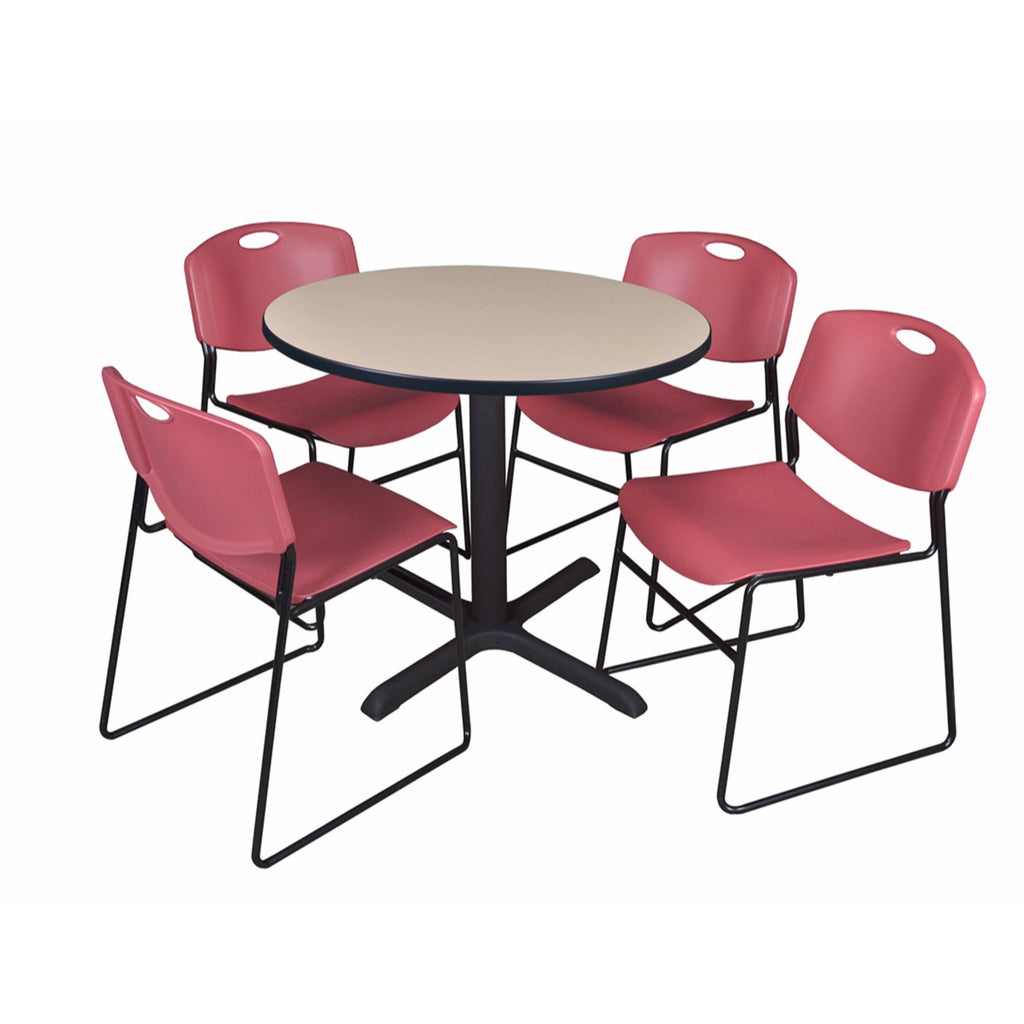 Beige Round Breakroom Table with 4 Black Stack Chairs G599