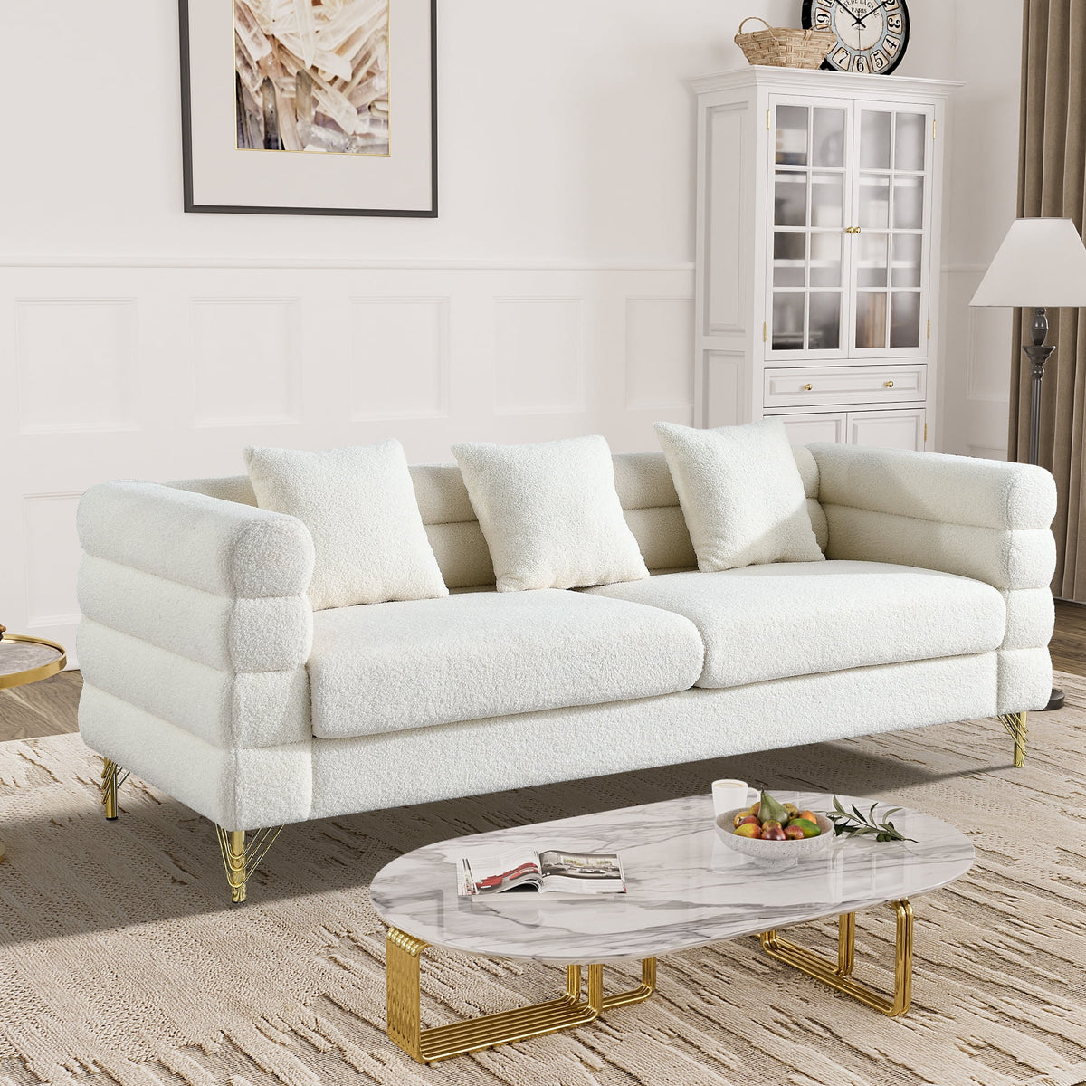 Teddy Fabric Bouclé 3-Seater Sofa with Golden Metal Legs F27563