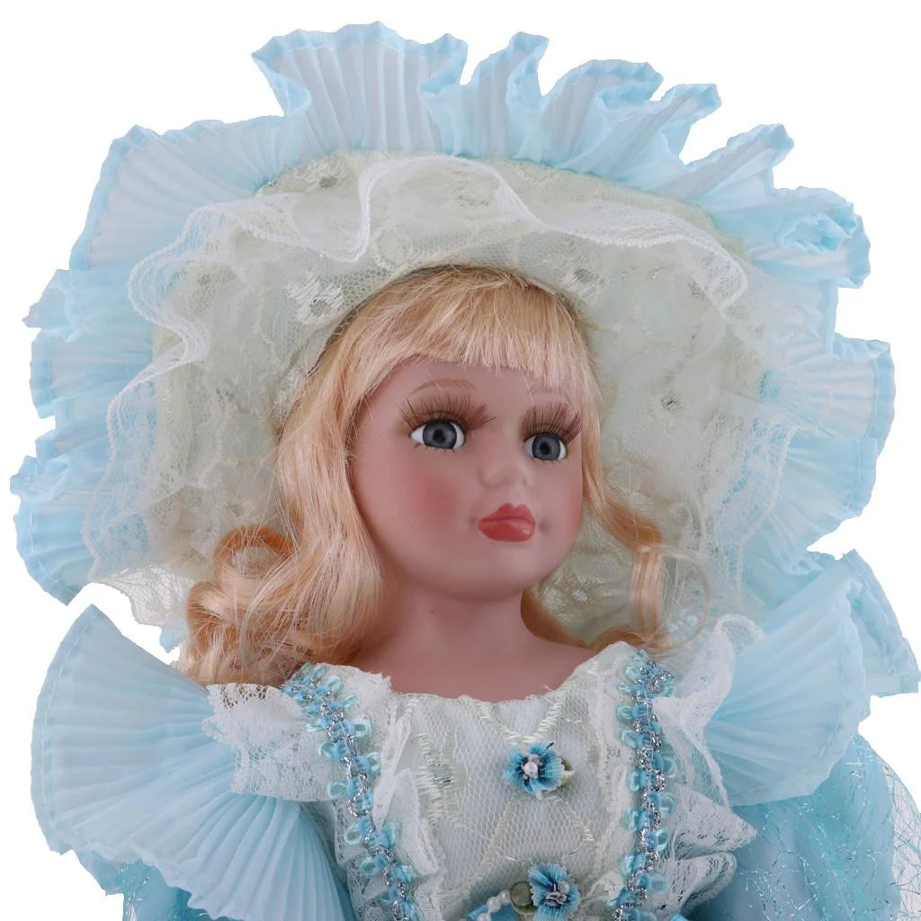 16inch Porcelain Doll with Stand, Lady Figures with Dress Hat, Dollhouse Accessories X8154