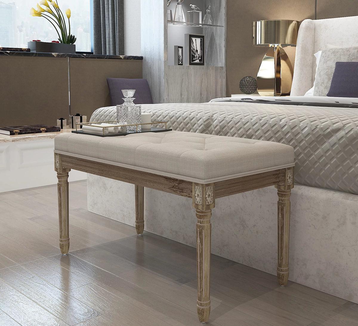 Beige Upholstered Bench with Carved Wood Legs E30301