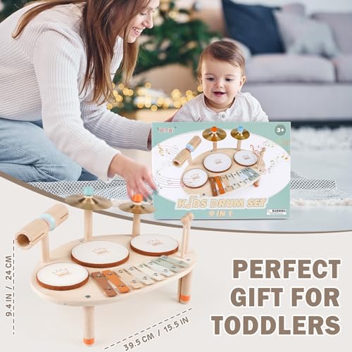 9 in 1 Wooden Musical Instruments Drum Set with Xylophone N24431