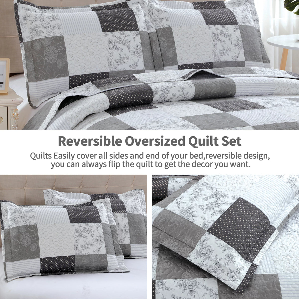 King Size Black White Grey Plaid Patchwork Quilt Microfiber Bedspread P2363