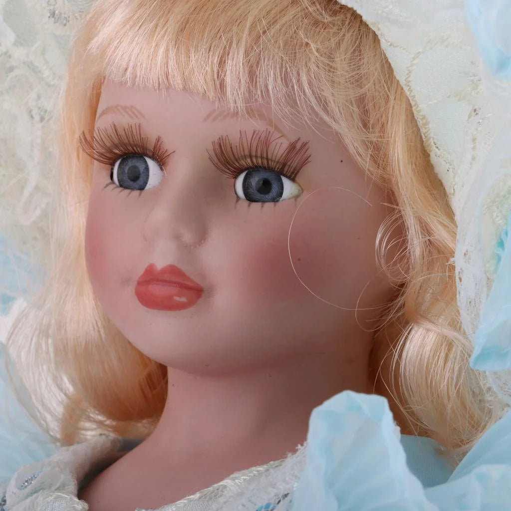 16inch Porcelain Doll with Stand, Lady Figures with Dress Hat, Dollhouse Accessories X8154