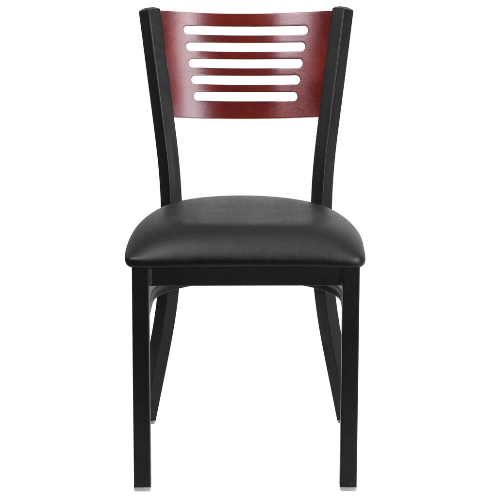 Black Slat Back Metal Restaurant Chair with Wood Back and Vinyl Seat Z414