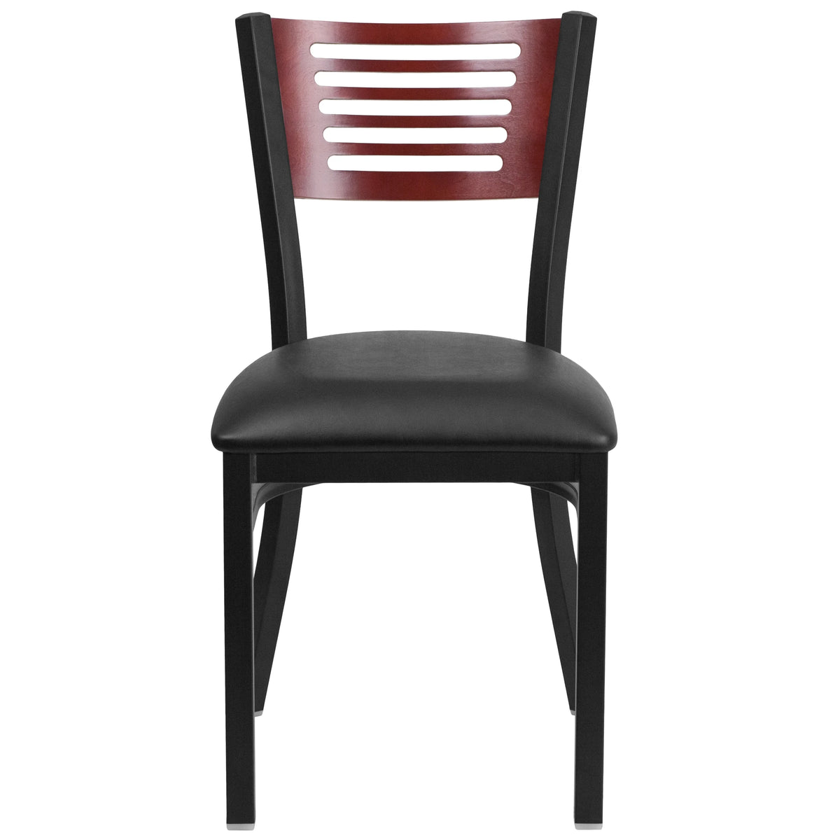 Black Slat Back Metal Restaurant Chair with Wood Back and Vinyl Seat Z414