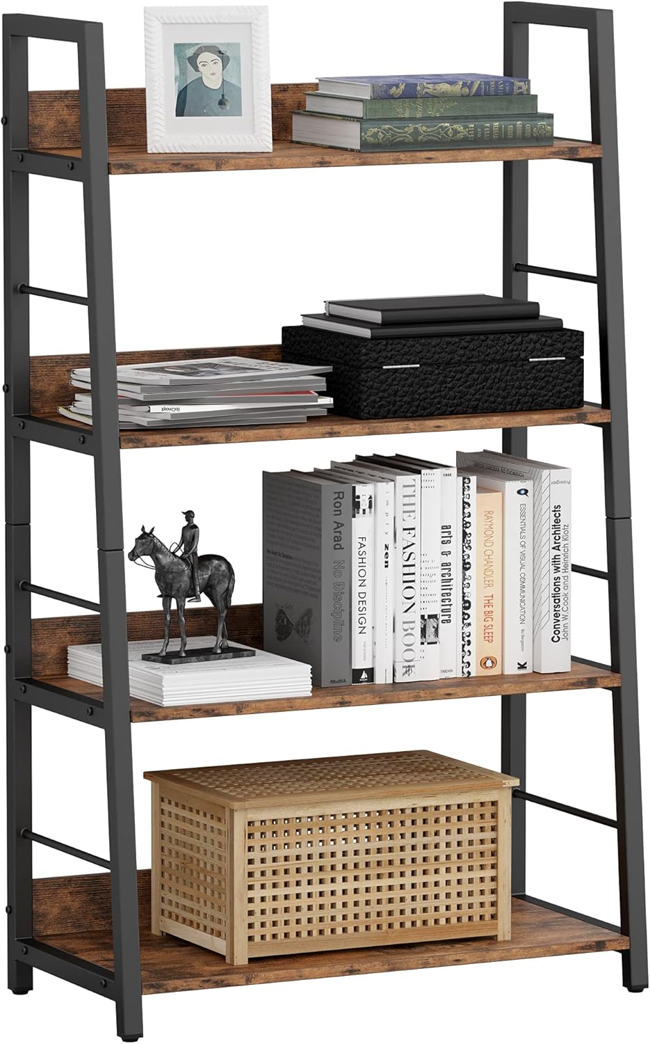 Industrial Bookshelves and Bookcases, Ladder Shelf 5 Tier with Metal Frame, Rustics Brown G2840
