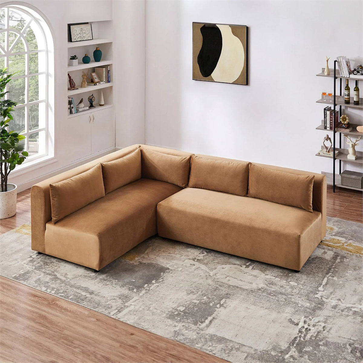 Cognac Tan Velvet Sectional Couch X678784