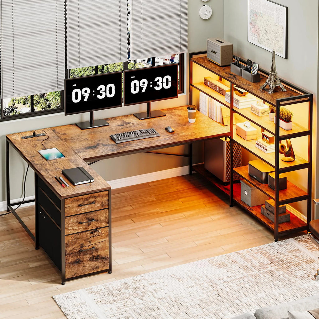 Reversible U Shaped Computer Desk with Power Outlet and LED Strip Y5094