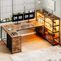 Reversible U Shaped Computer Desk with Power Outlet and LED Strip Y5094