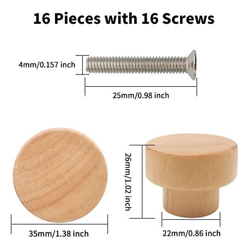 16PCS Unfinished Wood Dresser Knobs, Mushroom Wooden Cabinet Knobs, Round Wood Drawer Knobs Pulls Handle (Diameter: 1.3", Height: 1") E35199