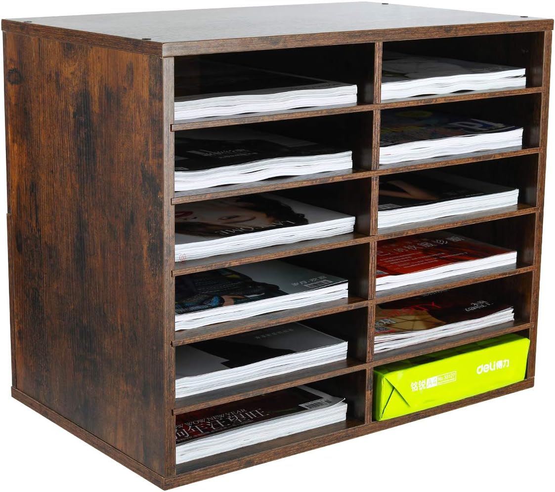 12 Compartments Black White Wood Desktop Literature Organizer H288920