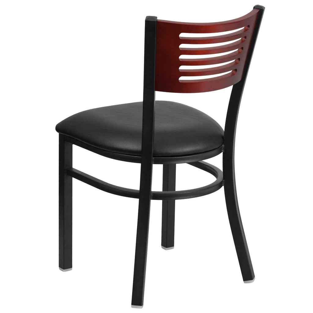 Black Slat Back Metal Restaurant Chair with Wood Back and Vinyl Seat Z414