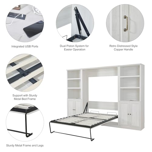 White Wood Full Size Murphy Bed with Storage Cabinet Z894
