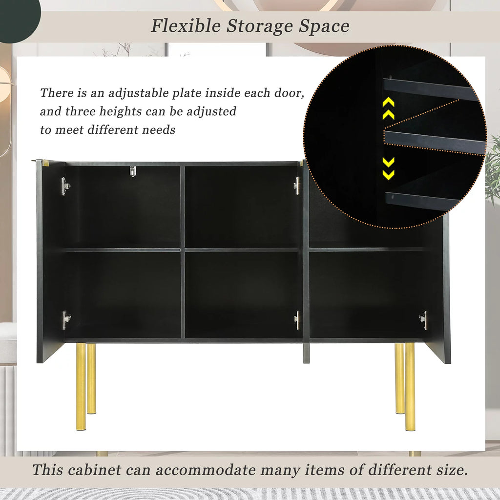Black Modern Sideboard with Gold Metal Legs and Adjustable Shelves X472241