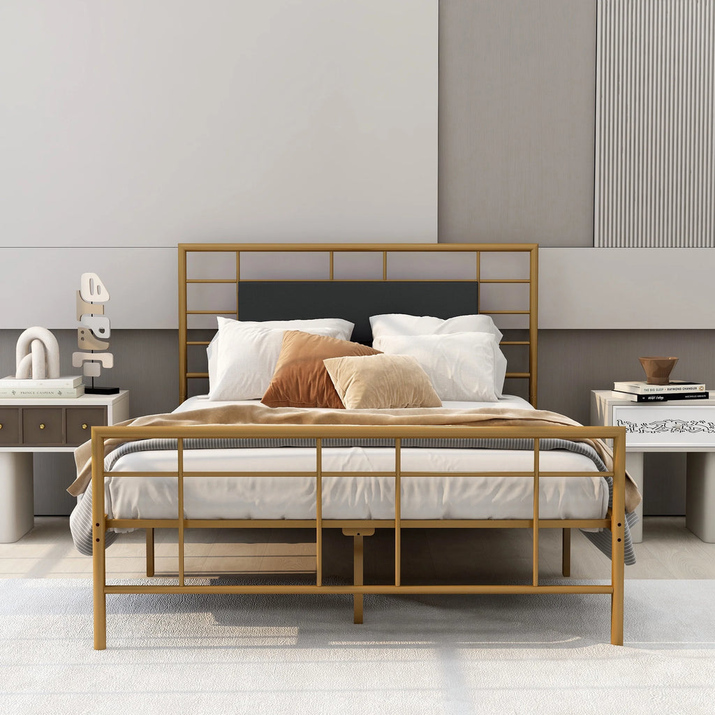 Queen Size Black Metal Platform Bed Frame with Leather Upholstered Headboard T16110