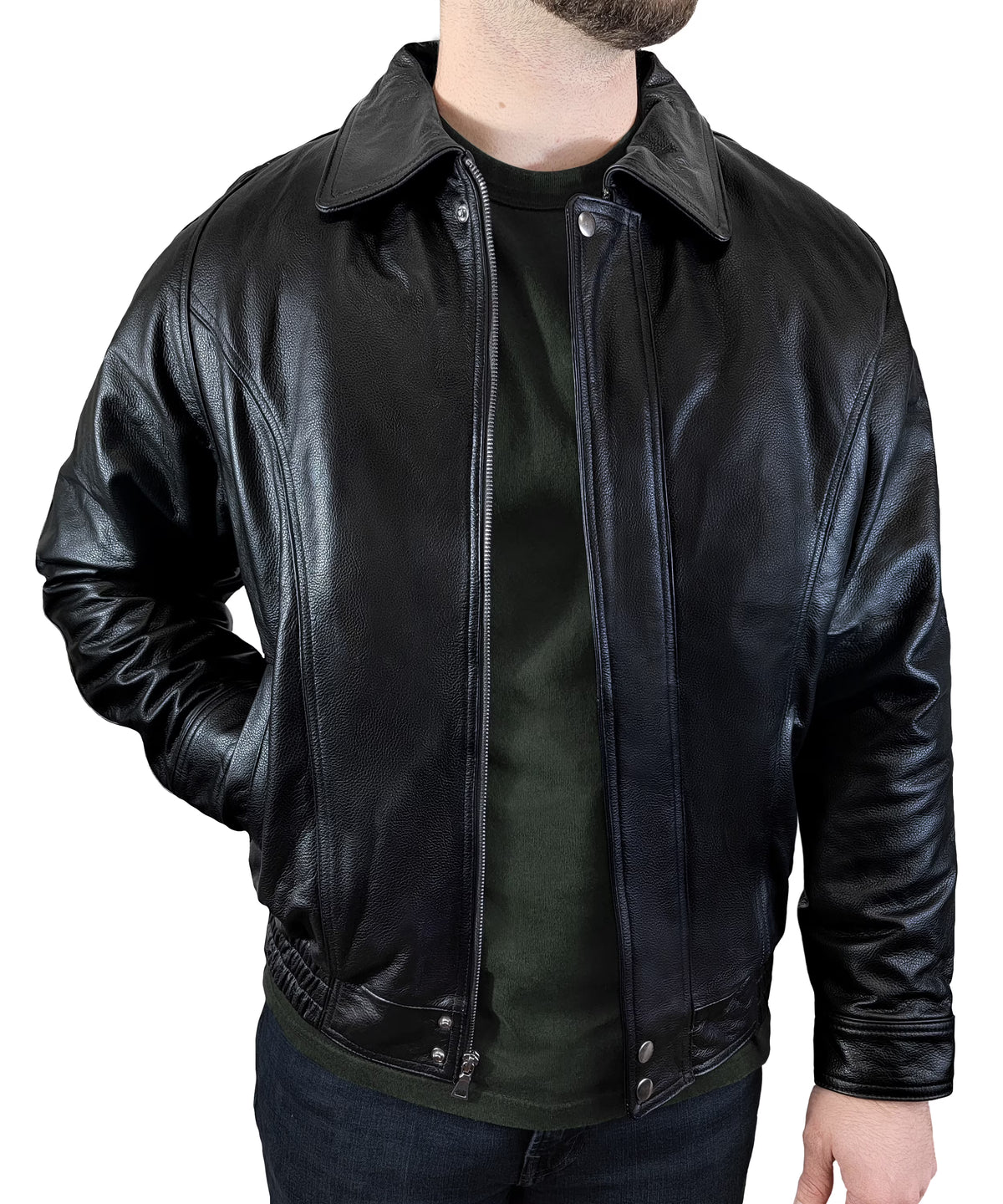 Black Genuine Leather Bomber Jacket Y2952