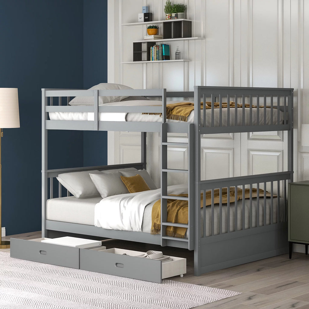 Full over Full Bunk Bed with Ladder and 2 Drawers, Gray U593688