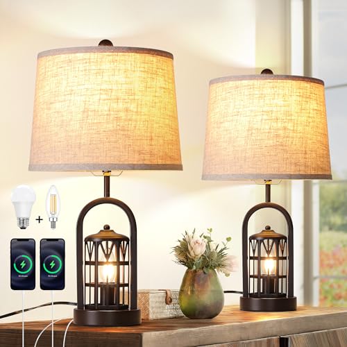 23" Rustic Table Lamp Set of 2 with Night Light, Brown X615144