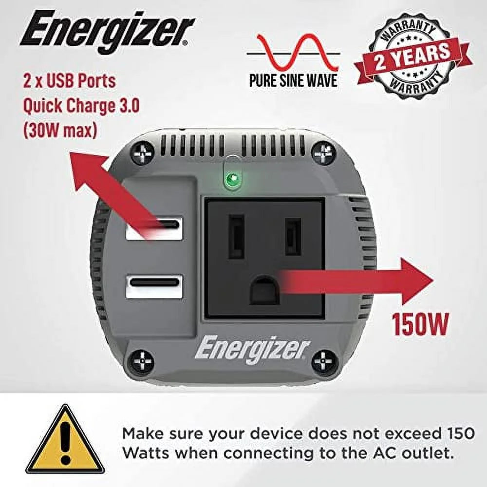 150 Watt Pure Sine Wave Car Power Inverter with Cigarette Lighter Plug and 2 USB Ports U259