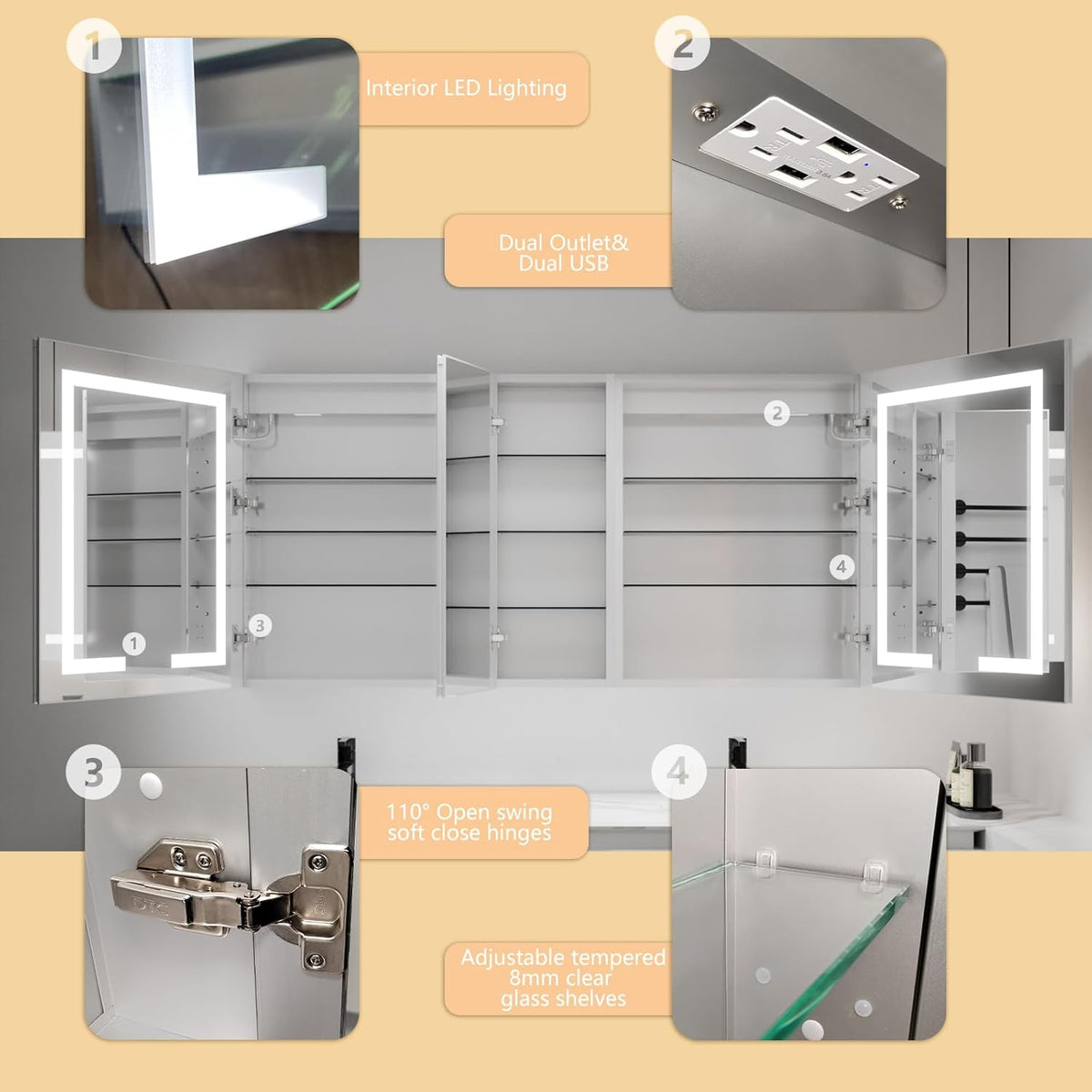LED Lighted Bathroom Medicine Cabinet with Mirror, 60 x 30 Inch, with Extra Closed Storage Cabinet A981273