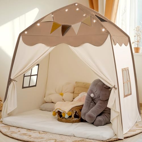 Cream Extra Large Kids Play Tent with Flags & Star Lights, 59x39x59 in F31781