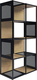 Oak and Black Wood and Metal Cube Storage Bookshelf D1351