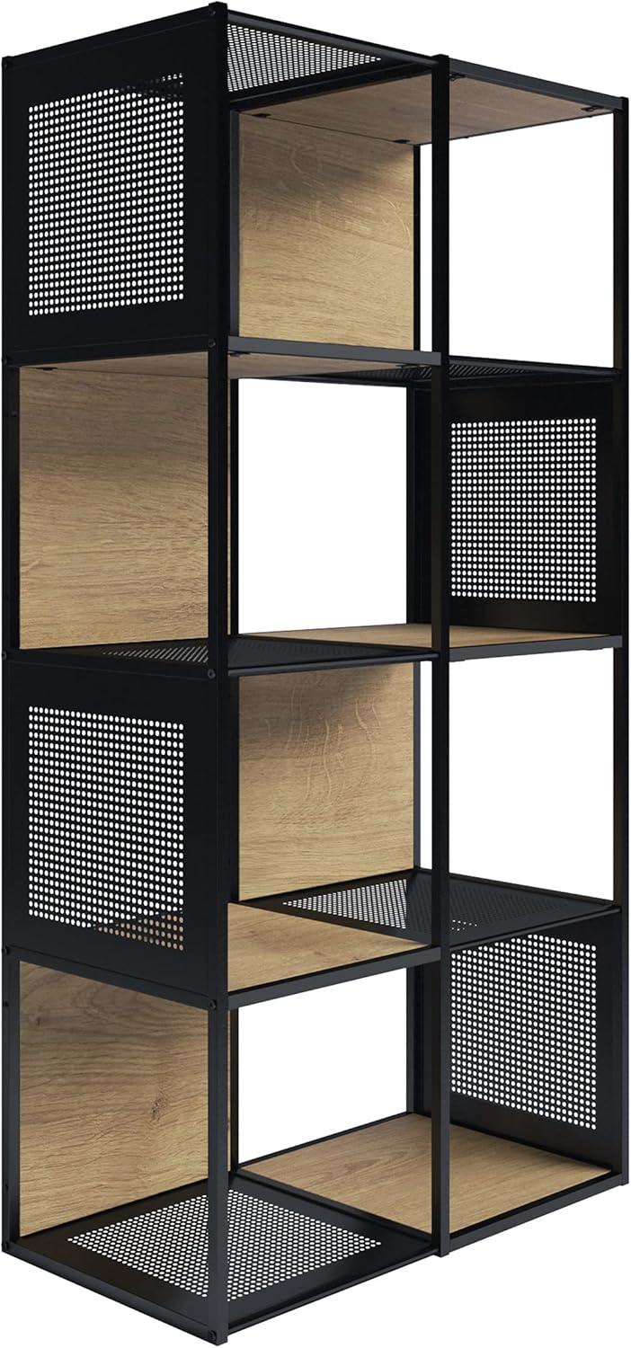 Oak and Black Wood and Metal Cube Storage Bookshelf D1351