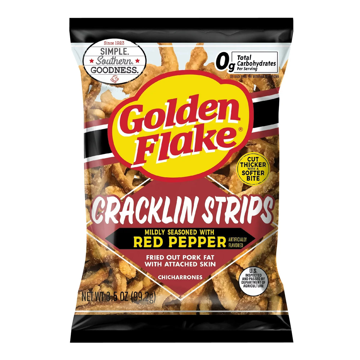 Mildly Seasoned Fried Pork Cracklin Strips with Red Pepper, 3.5 oz. Bags (6 Bags) W671