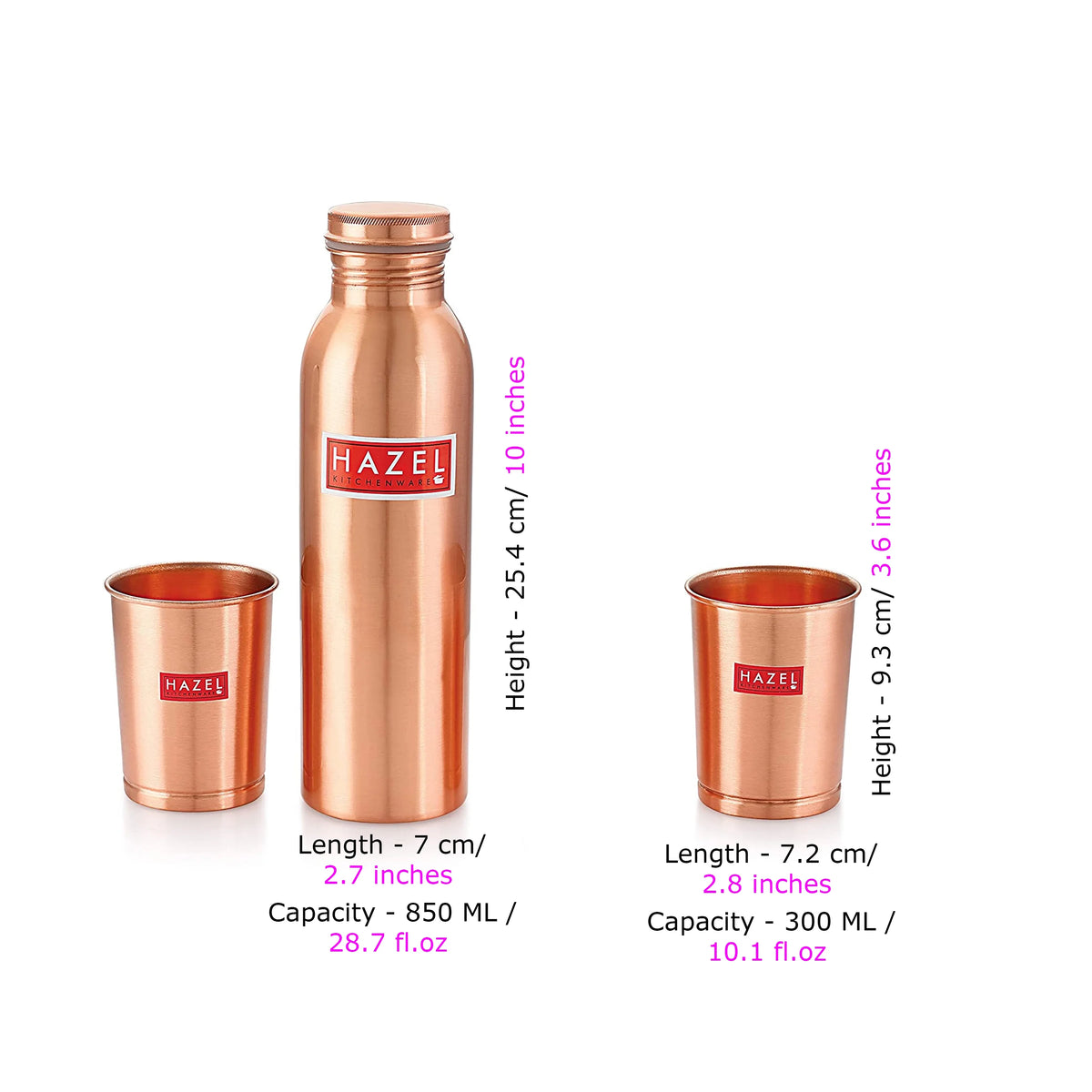 Copper Water Bottle, 28oz & 2 Glasses, 10oz K264