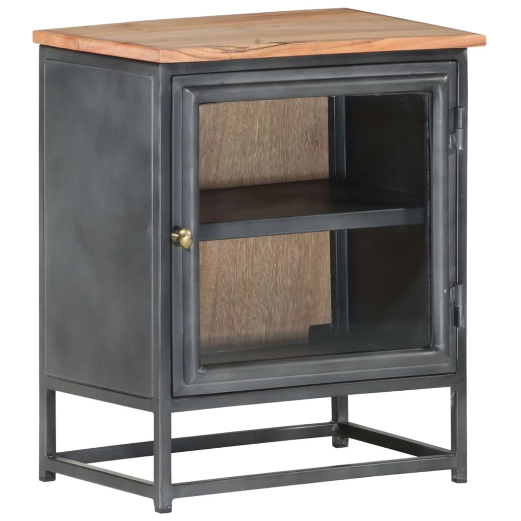 Gray Acacia Wood Bedside Cabinet with Glass Door N98126