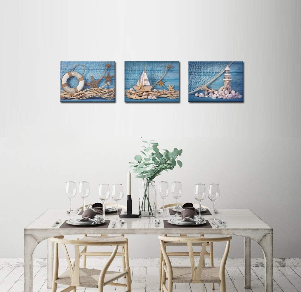 3 Piece Beach Canvas Wall Art Seashell Startfish with Blue Board Picture Prints Maritime Sailing Boat Lighthouse Poster Painting E9744