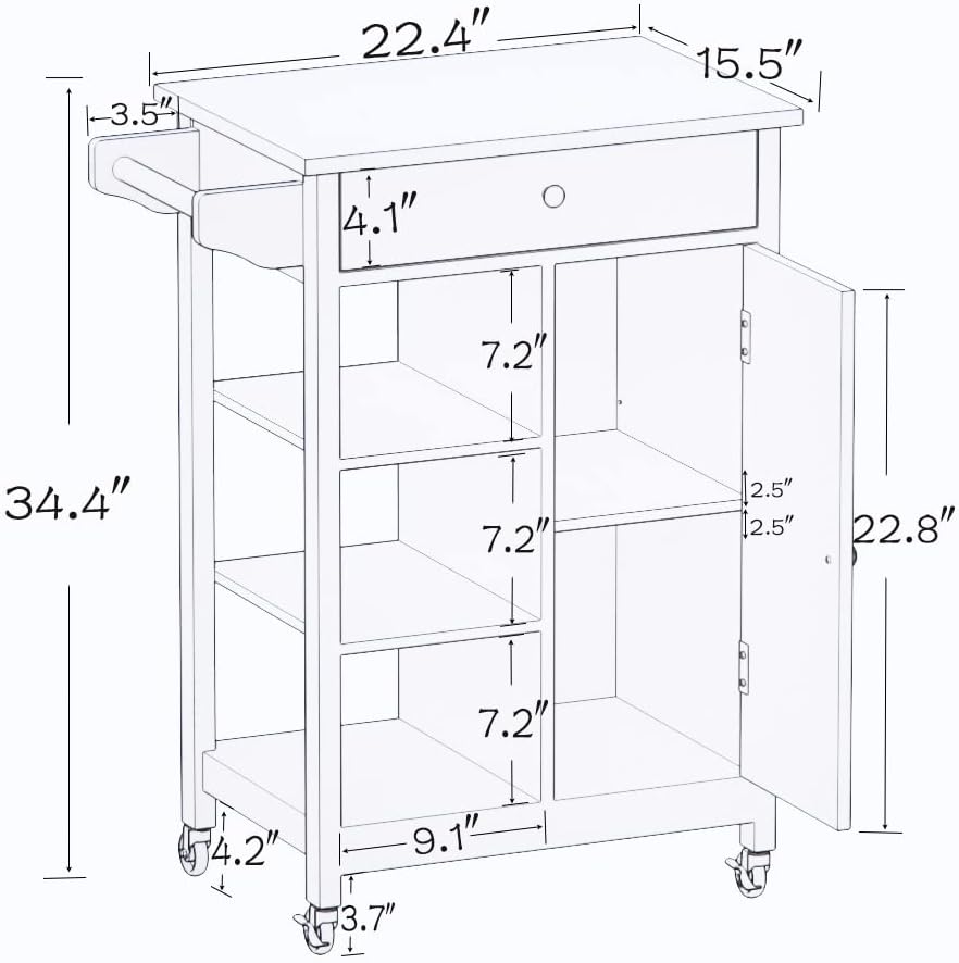 White Solid Wood Top Kitchen Island on Wheels with Single Door and One Drawer Towel Rack T9952