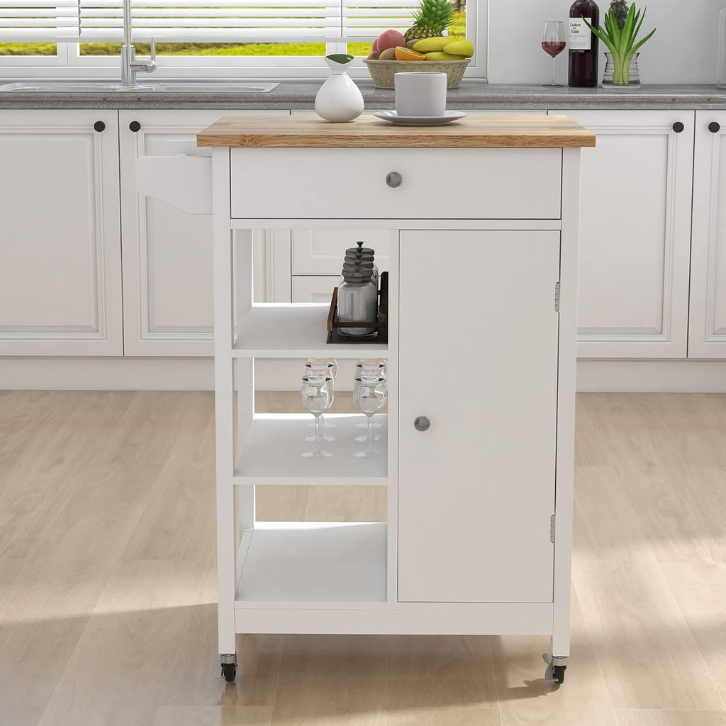 White Solid Wood Top Kitchen Island on Wheels with Single Door and One Drawer Towel Rack T9952