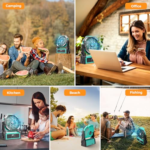 Portable Camping Fan, 20000mAh Rechargeable Battery Operated Fans with Lights, 4 Speed, Adjustable Brightness (Blue Black) Z95482