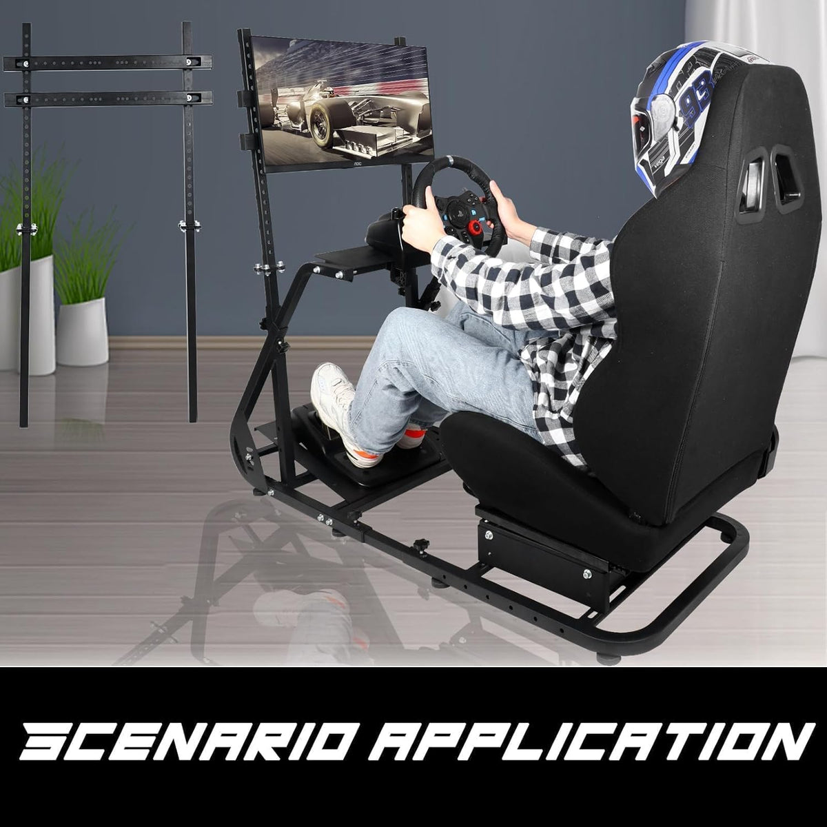 Black Seat TV VR Sim Racing Simulator Cockpit with Monitor Stand B57158