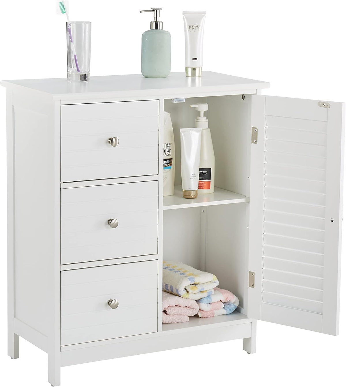 White Bathroom Storage Cabinet with 3 Drawers and 1 Two Layers Cabinet X2694