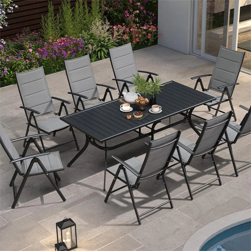 9 Pieces Outdoor Patio Dining Set with 8 Folding Chairs and Aluminum Table, Grey B265613