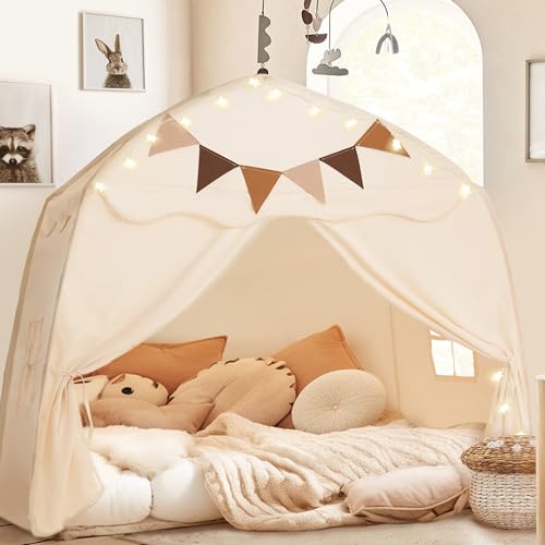 Cream Extra Large Kids Play Tent with Flags & Star Lights, 59x39x59 in F31781