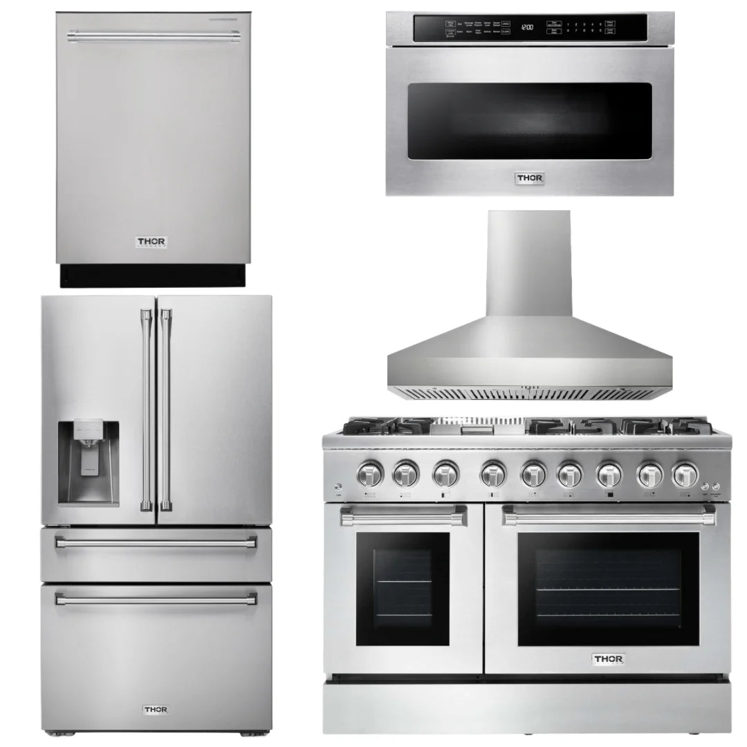 48 Dual Fuel Range, Range Hood, Refrigerator with Water and Ice Dispenser, Dishwasher, Microwave D44385