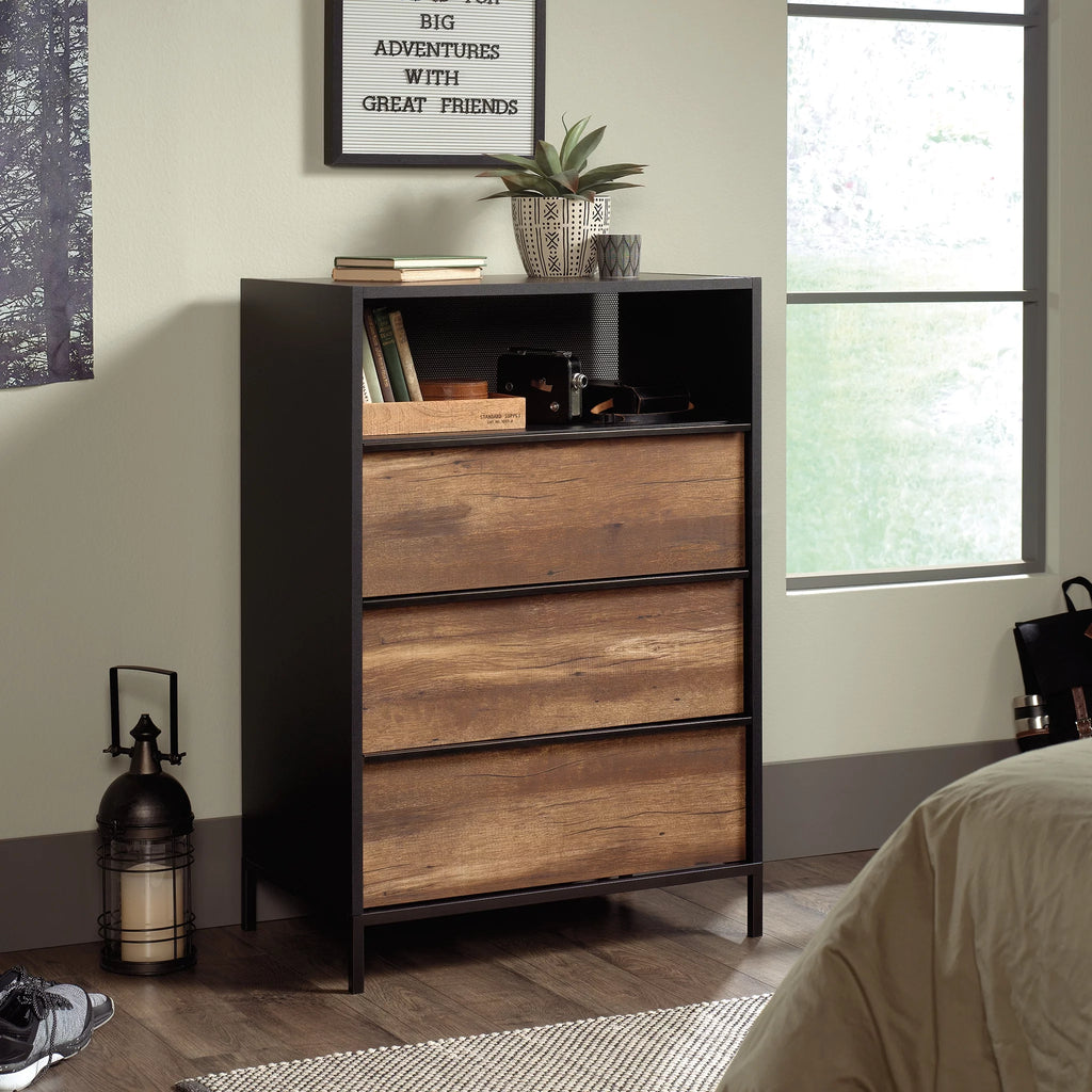 Black 3 Drawer Dresser with Open Shelf W59661